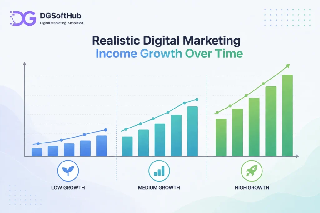 Realistic digital marketing income growth over time infographic showing low, medium, and high growth stages with a clean bar chart, illustrating how consistent effort can increase online earnings for beginners.