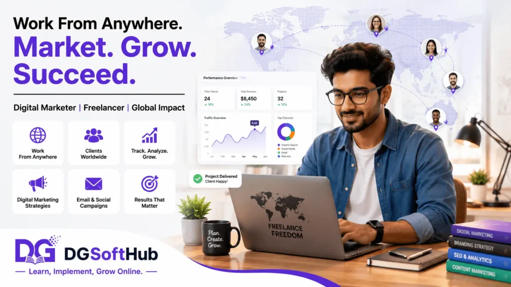 Digital marketer working remotely with clients worldwide using analytics dashboard, laptop, and global collaboration tools.