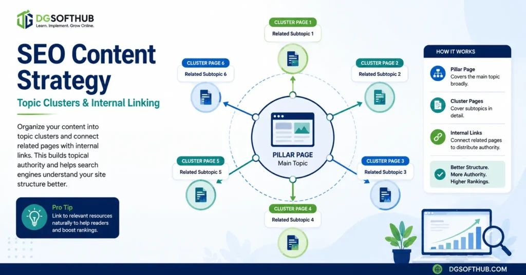 SEO content strategy illustration showing topic clusters connected through internal linking to improve topical authority and search rankings.