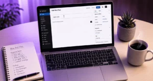 Beginner blogger writing an SEO friendly blog post on a laptop with keyword notes nearby