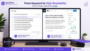 Split-screen illustration showing Google search autocomplete beside a WordPress Gutenberg editor with a high readability score, demonstrating the SEO blog writing workflow.