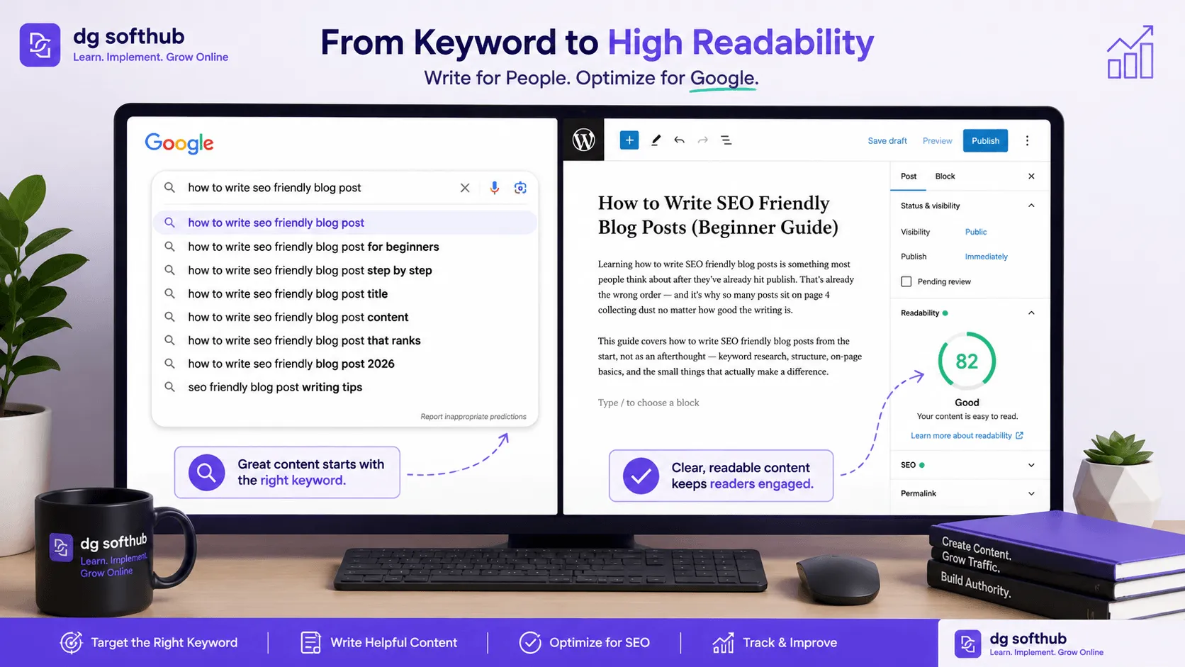 Split-screen illustration showing Google search autocomplete beside a WordPress Gutenberg editor with a high readability score, demonstrating the SEO blog writing workflow.