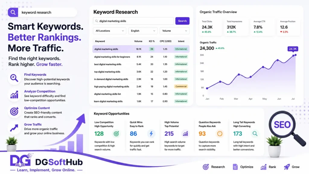 SEO keyword research dashboard showing search volume, keyword difficulty, search intent, and organic traffic growth.