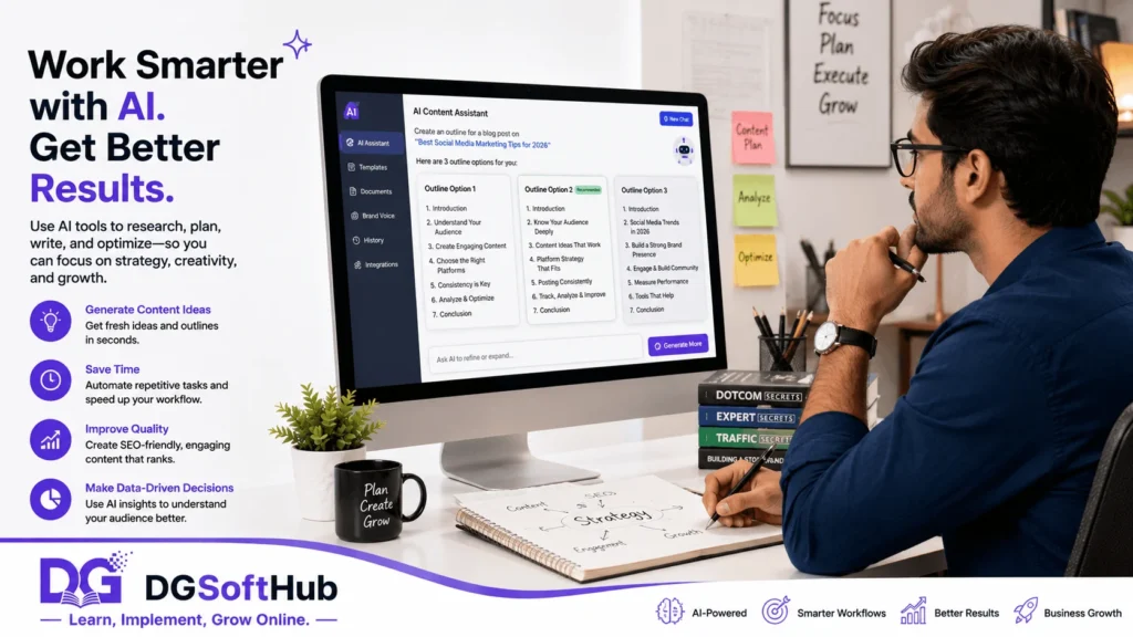 Using AI tools to support digital marketing work by reviewing AI-generated content outlines while making human decisions and edits.