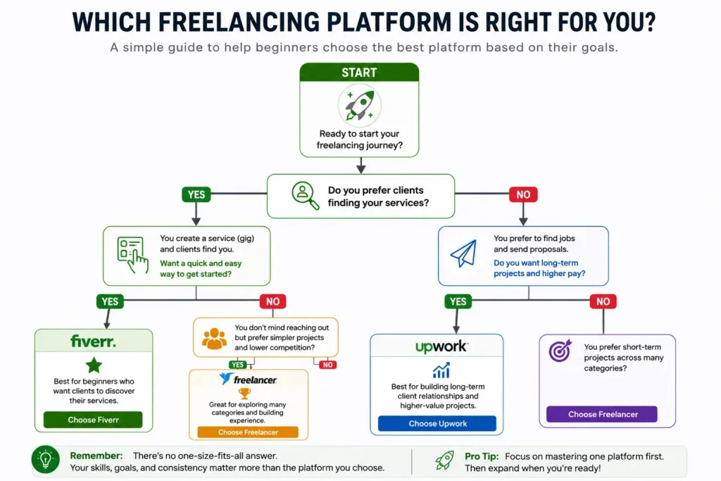 Decision tree infographic helping beginners choose between Fiverr, Upwork, and Freelancer based on how they find clients, project preferences, and freelancing goals.