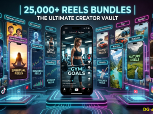 Massive digital bundle mockup showcasing 25000 plus viral short form vertical reels across multiple social media screens.