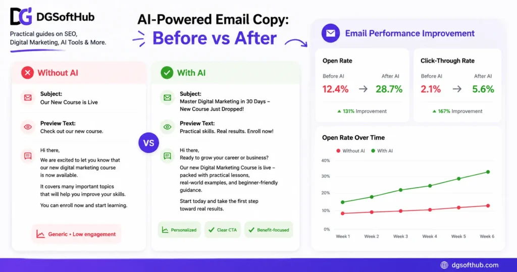 AI-powered email copy before and after comparison showing open rate improvement from 12 percent to 28 percent for digital marketers