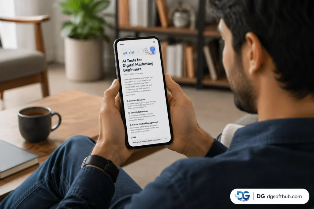 Beginner reading a guide on AI tools for digital marketing on mobile