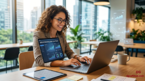 A digital content creator using a laptop with AI-driven marketing analytics dashboards in a modern office, representing AI tools for business growth in 2026.
