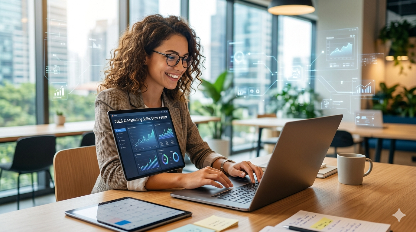 A digital content creator using a laptop with AI-driven marketing analytics dashboards in a modern office, representing AI tools for business growth in 2026.