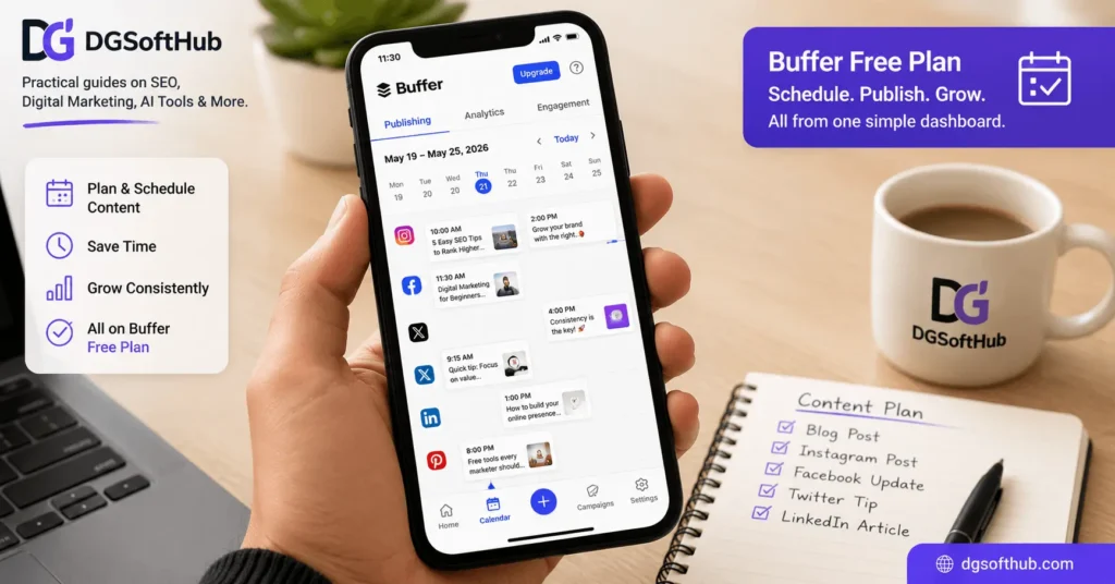 Buffer free plan social media scheduling calendar showing posts queued across Instagram Facebook LinkedIn and Pinterest in 202