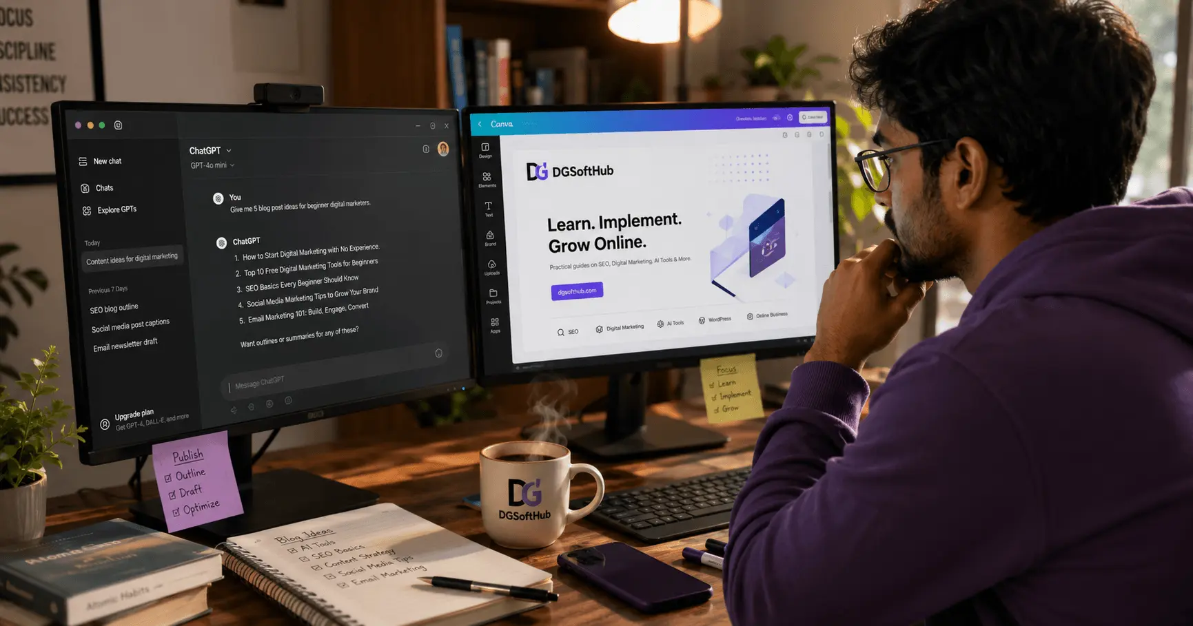 DGSoftHub founder using ChatGPT and Canva for digital marketing blog content creation in 2026