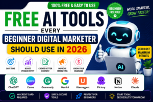 Free AI tools for beginner digital marketers in 2026 featuring ChatGPT, Canva, Grammarly, Gemini, Ubersuggest, and Notion AI
