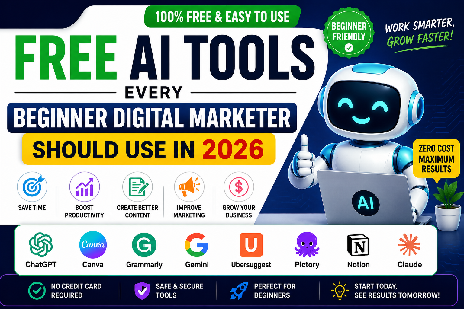 Free AI tools for beginner digital marketers in 2026 featuring ChatGPT, Canva, Grammarly, Gemini, Ubersuggest, and Notion AI