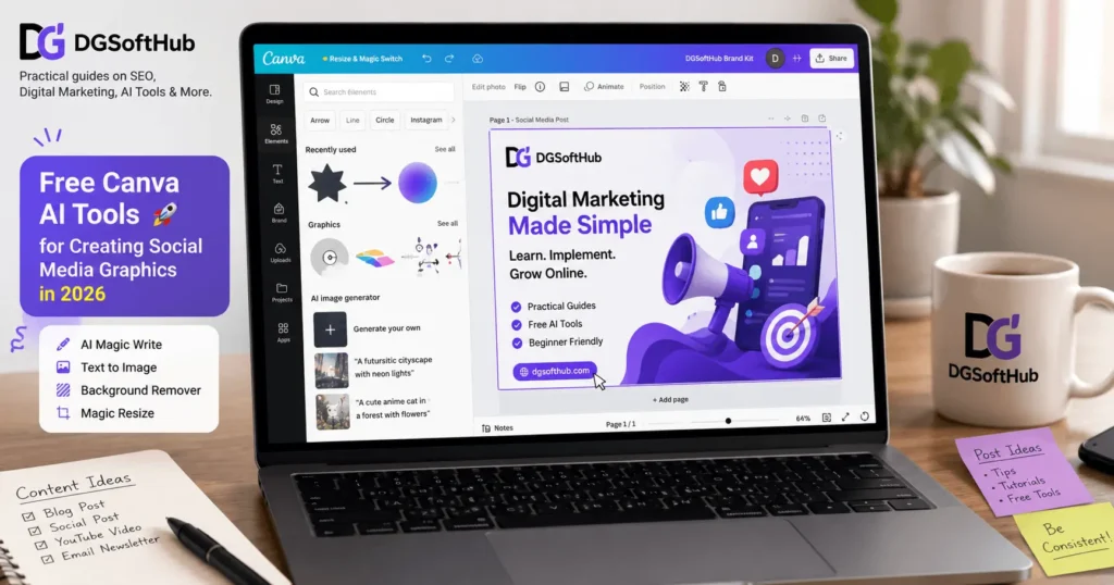 Free Canva AI tools dashboard showing a social media graphic being designed for digital marketing in 2026.