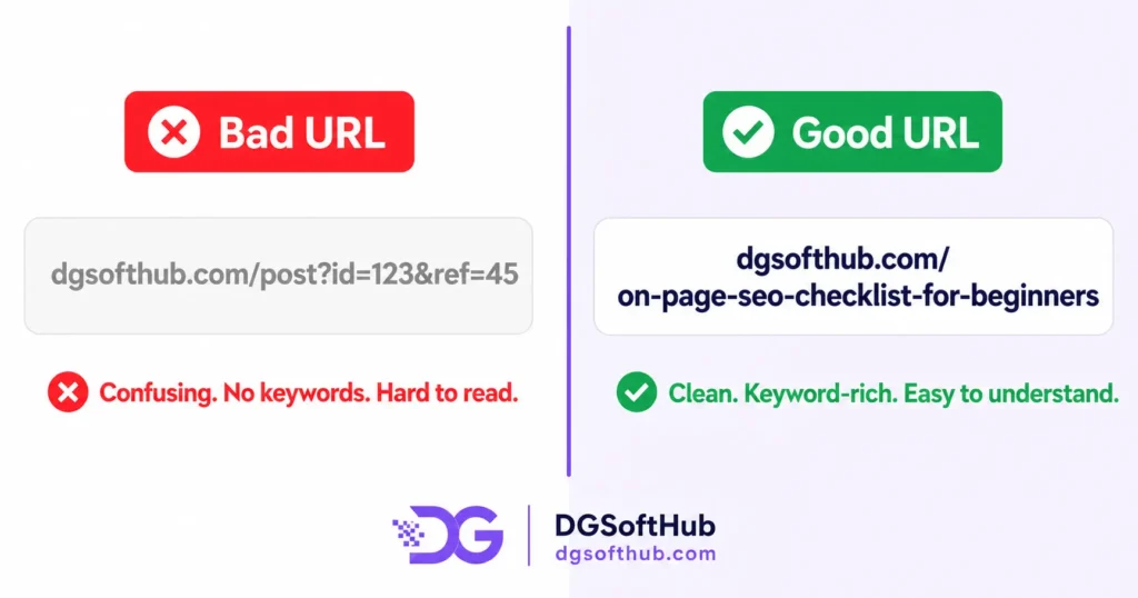 Comparison of a bad URL and a clean keyword-rich URL slug for better on-page SEO.