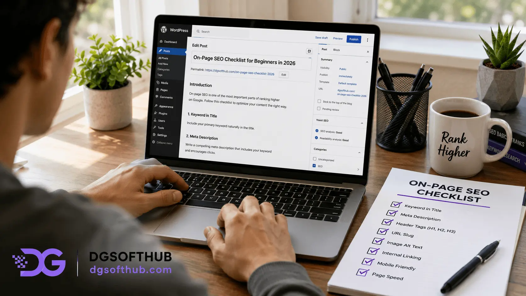 beginner completing on-page SEO checklist on laptop with WordPress editor and Yoast SEO panel open in 2026