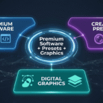 All-in-one digital creator toolkit mockup featuring premium software utilities, professional editing presets, and high-resolution graphic assets.