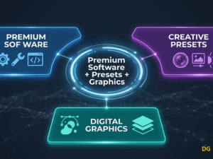 All-in-one digital creator toolkit mockup featuring premium software utilities, professional editing presets, and high-resolution graphic assets.