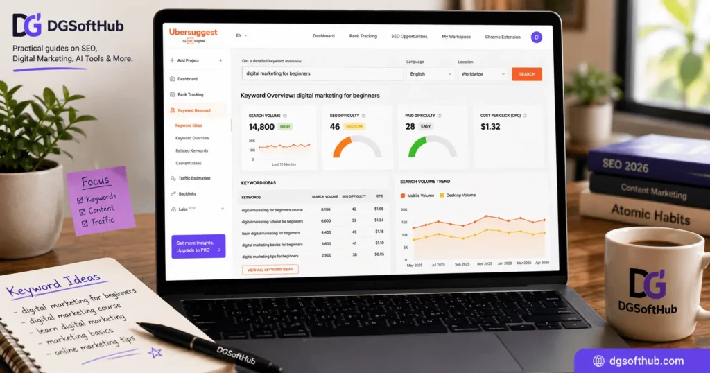 Ubersuggest free keyword research tool showing search volume and SEO difficulty for digital marketing for beginners