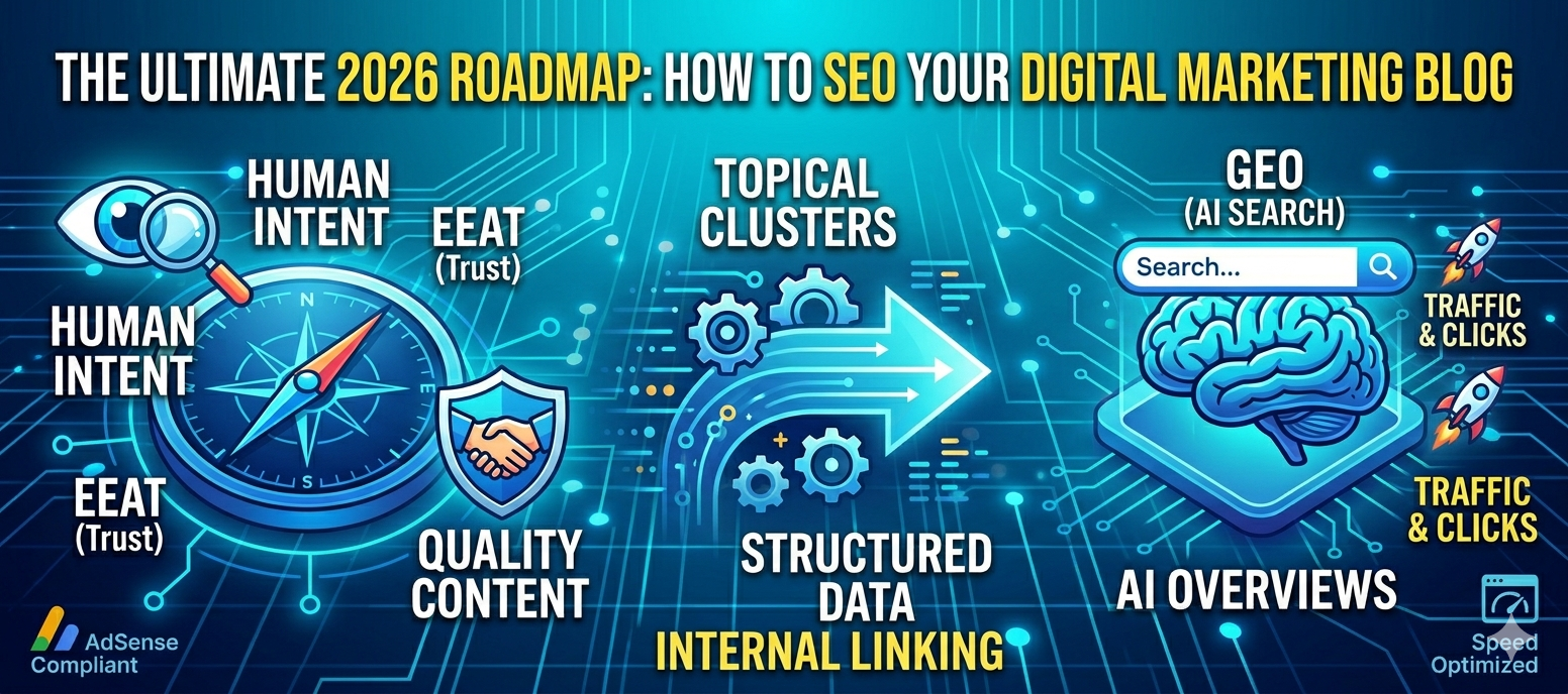 An infographic illustrating the 2026 SEO roadmap, featuring a compass for human intent and EEAT, gears for topical clusters and structured data, and a digital brain for GEO (AI Search). Includes AdSense and speed optimization icons.