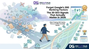 Illustration showing a marketer leaving outdated Google ranking factor myths behind and following the 30 SEO signals that actually matter for better search rankings in 2026.