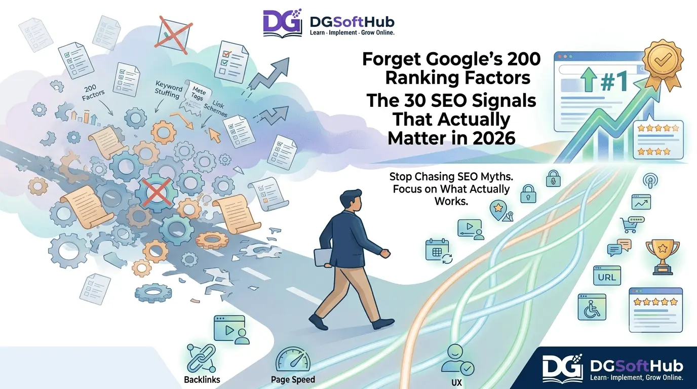 Illustration showing a marketer leaving outdated Google ranking factor myths behind and following the 30 SEO signals that actually matter for better search rankings in 2026.