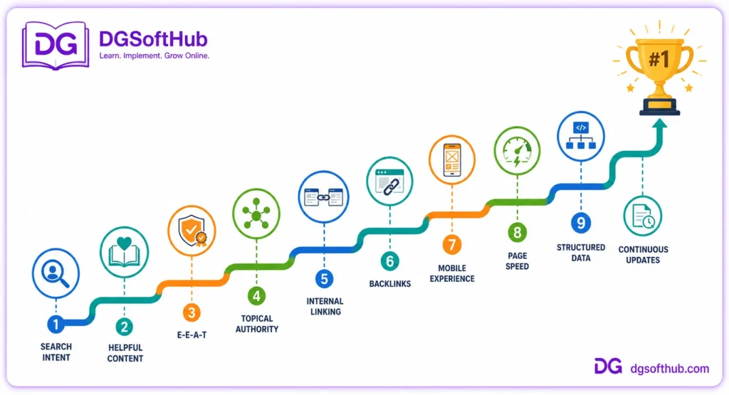 SEO roadmap illustrating the nine essential ranking signals for long-term Google search success, including search intent, helpful content, E-E-A-T, topical authority, internal linking, backlinks, mobile experience, page speed, structured data, and continuous content updates