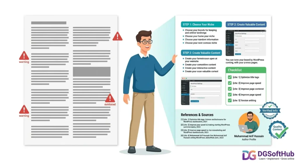 Illustration comparing outdated, low-quality content with a well-structured article featuring helpful content, references, an author profile, and an SEO checklist to demonstrate E-E-A-T best practices.