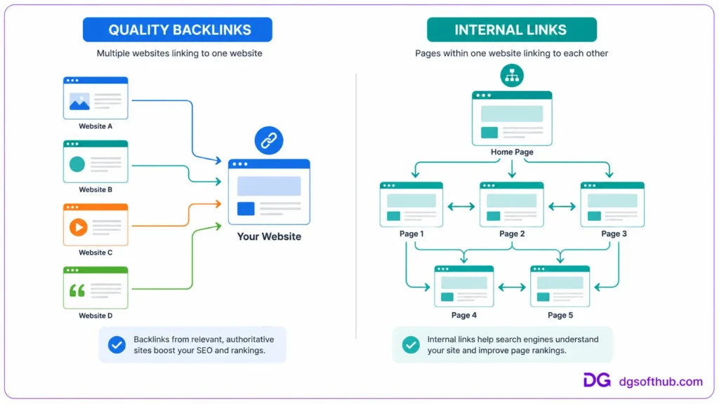 Comparison illustrating the difference between quality backlinks from external websites and internal links connecting pages within a website to improve SEO and search rankings.