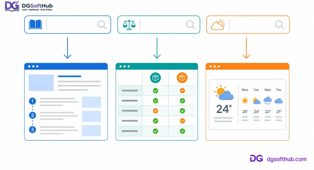 Illustration showing different search intents—informational, commercial investigation, and informational weather query—matching users with the most relevant Google search results.