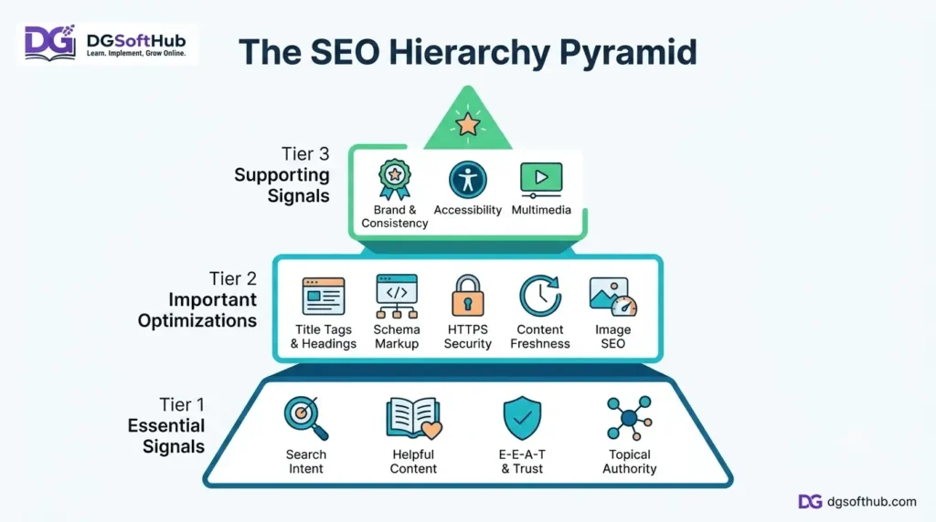SEO hierarchy pyramid showing Tier 1 essential signals, Tier 2 important optimizations, and Tier 3 supporting signals for improving Google search rankings.