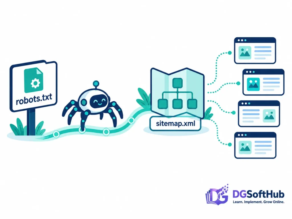How robots.txt and sitemap.xml guide a search engine crawler to important pages