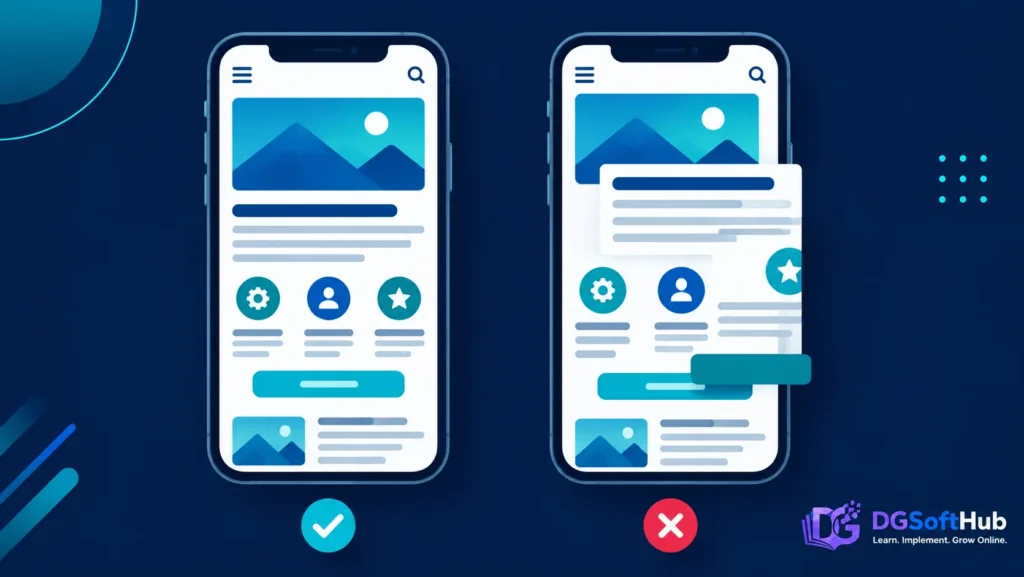 Side by Side Comparison Mobile-first indexing example comparing a stable mobile layout with a broken shifted mobile layout