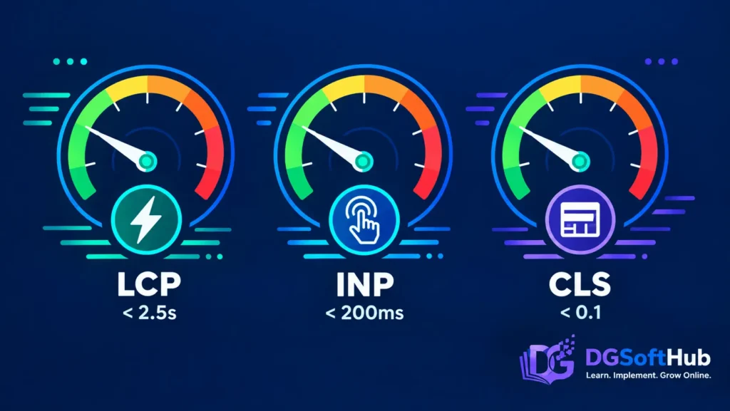 Three side by side speedometer Core Web Vitals thresholds for LCP, INP, and CLS