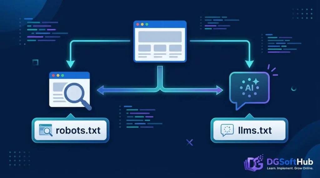 robots txt vs llms txt flowchart Robots.txt versus llms.txt showing how crawler access is managed